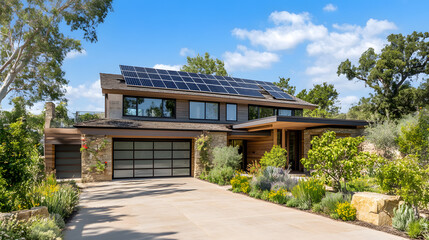 Energy-efficient smart home with advanced solar panel systems and battery storage that optimize power consumption and reduce reliance on non-renewable energy sources.