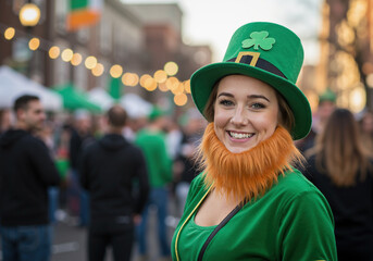 Saint Patrick's day celebration in the city street with a smiling woman dressed up in leprechaun costume with red ginger beard and green shamrock hat