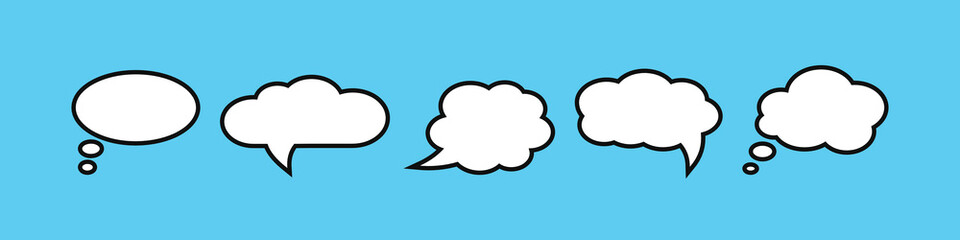 Set, collection of flat style vector speech bubbles, clouds, baloons. Talking, speaking, chatting, screaming, laughing, thinking, dreaming bubbles. Modern motion design shapes with rounded edges.