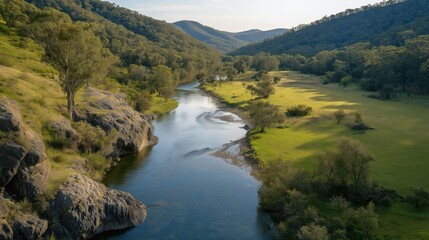 Serene River Valley Aerial View Lush Green Landscape