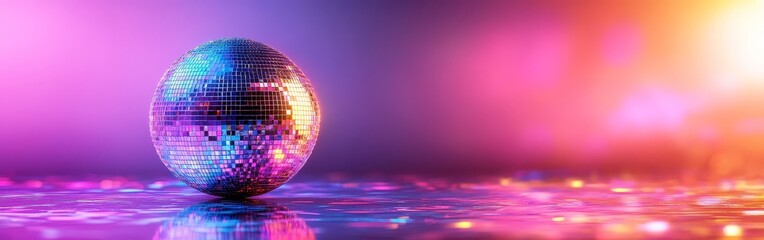 Obraz premium A vibrant disco ball reflecting colorful lights against a dreamy pink and purple background. Perfect for party invitations, club promotions, nightlife, and retro-themed visuals