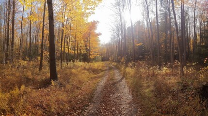 Autumn Forest Path Sunlight Through Trees; Golden Red Leaves