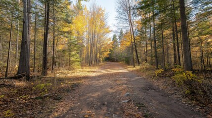 Fototapeta premium Sun Dappled Autumn Forest Path Golden Leaves and Brown Dirt Road