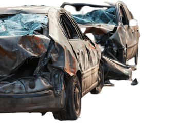 Cars crash accident on the street. Damaged automobiles isolated on transparent background, cut out