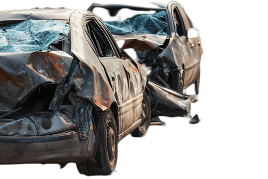 Cars crash accident on the street. Damaged automobiles isolated on transparent background, cut out