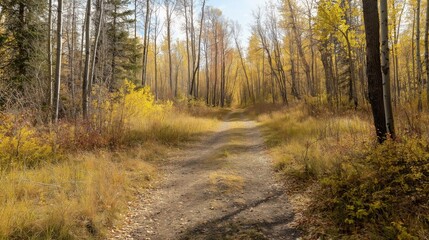 Obraz premium Sunlit Autumn Forest Path, Vibrant Yellow and Red Foliage