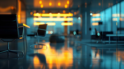 A modern office space with glowing lights and sleek furniture, creating a tranquil atmosphere.