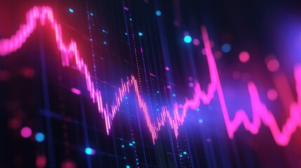 Stock market growth, neon-colored upward graph, 3D illustration. 
