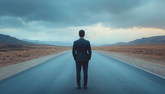 Businessman stands at the beginning of a long road contemplating his future