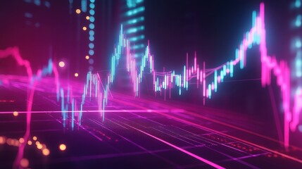 Fototapeta premium Stock market growth, neon-colored upward graph, 3D illustration. 