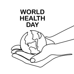 World Health Day. Continuous one line art drawing hands hold Earth globe. Save and protect earth planet linear concept. Vector illustration isolated on white background.