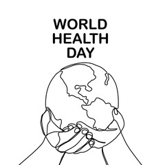 World Health Day. Continuous one line art drawing hands hold Earth globe. Save and protect earth planet linear concept. Vector illustration isolated on white background.