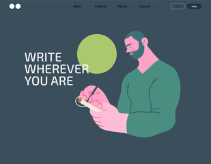 Writing people, modern flat vector concept illustration- standing man thoughtfully writing on notebook, bubble near head Metaphor for reflection, personal insight, contemplation, creative expression