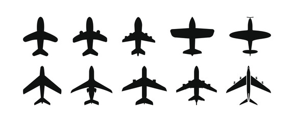 Fototapeta premium Airplane icon set. Aircraft vector sign. Airport arrival departure symbol. Plane icon set. Flight transport symbol. Airplane icon vector. Travel flat illustration. Travel symbol. Vector EPS 10
