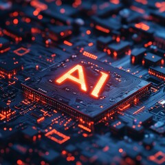 A neon-lit AI circuit board concept with glowing digital elements, representing artificial intelligence, machine learning, and futuristic computing. Ideal for tech and innovation-themed projects.