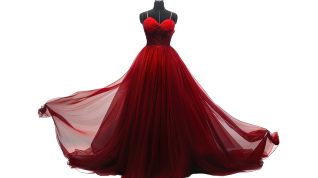 Elegant red gown flowing on transparent background: perfect for fashion design