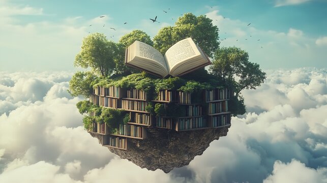 Futuristic Floating Island with Bookshelves and Open Book, Symbolizing Thought and Philosophy