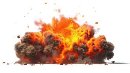 Realistic fireball explosion with debris and smoke on transparent background