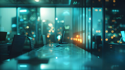 A modern office space at night, illuminated by city lights through large windows.
