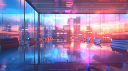 Obraz premium A modern conference room with a reflective table and city skyline view at sunset.