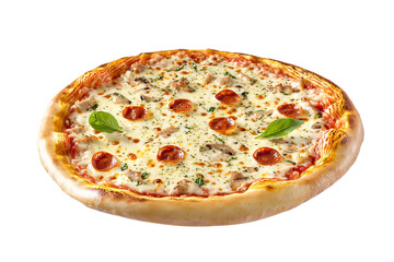 Cheesy Italian pizza flying, isolated on transparent background