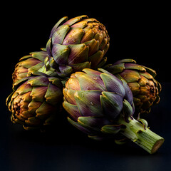 Obraz premium Fresh Organic Artichokes Grouping Arranged Beautifully Against A Dramatic Isolated Background