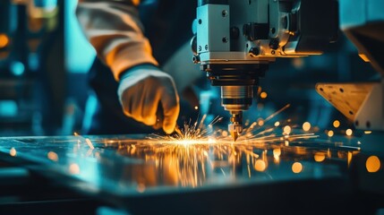 Modern industrial laser cutter engraving a metal sheet, sending sparks flying in an innovative production process, while a factory worker supervises the precision cutting and fabrication