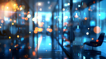 A modern office interior with blurred lights, creating a vibrant, tech-inspired atmosphere.