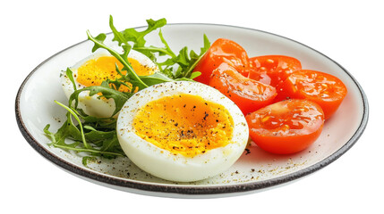 Soft-boiled eggs with tomatoes and arugula isolated on transparent background