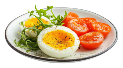 Soft-boiled eggs with tomatoes and arugula isolated on transparent background