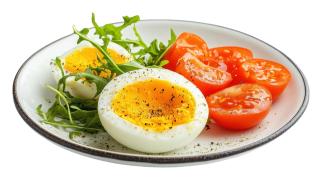 Soft-boiled eggs with tomatoes and arugula isolated on transparent background