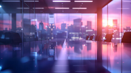 Obraz premium A modern conference room with a sleek table, glass walls, and a vibrant city skyline at sunset.