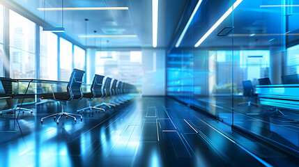 Obraz premium Modern office interior with sleek design and glass walls, ideal for meetings and collaboration.