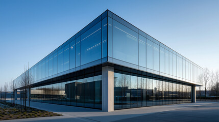 Fototapeta premium Modern Glass Office Building With Reflective Facade In Urban Setting