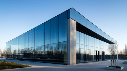 Fototapeta premium Modern Glass Office Building With Reflective Facade In Urban Setting