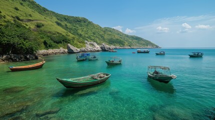 Fototapeta premium Numerous Small Boats In Clear Turquoise Water Near Lush Green Hillside