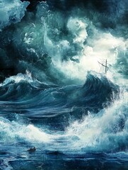 Dramatic Digital Painting of a Ship Overcoming Giant Waves in a Stormy Sea, Featuring Dark Turquoise Tones and Ominous Sky