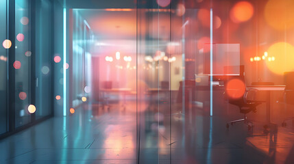 Naklejka premium A modern office space with ambient lighting and reflections creating a vibrant atmosphere.