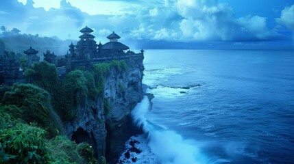 Obraz premium Majesty in Ruins: Temple Remnants on Cliff Amidst Serene Landscape Offering Panoramic View of Vast Scenery