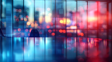 Fototapeta premium A blurred interior view with colorful reflections and ambient light, suggesting a modern space.