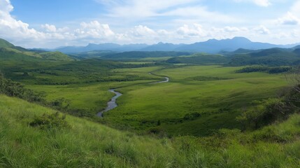Naklejka premium Lush Green Valley Panoramic View With Meandering River And Distant Mountains