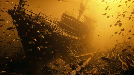 Sunken Ship Amongst Vibrant Ocean Life