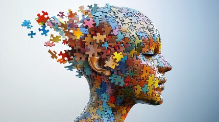 Hyper-Realistic Human Head Made of Colorful Puzzle Pieces, Symbolizing Deep Thinking