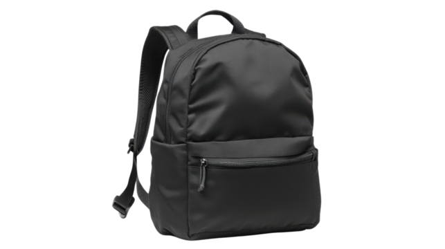 Black backpack standing on transparent background