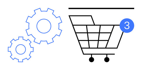 Shopping cart with three items notification next to blue gear icons. Ideal for e-commerce, online shopping, digital marketing, retail tech, inventory management, web development, business strategy