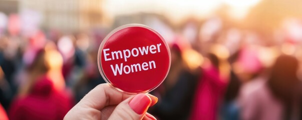 A close-up shot of a red button reading 'Empower Women' held up in a crowd during a protest advocating for women's rights.