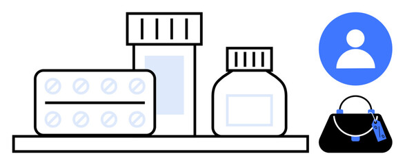 Medication bottles and blister pack on shelf with ID icon and handbag. Ideal for travel preparation, healthcare, organization, safety, convenience, personal belongings, daily routines. A minimalist