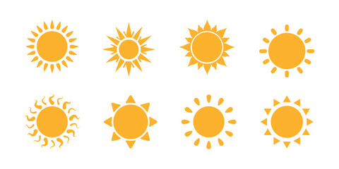 Sun icon set. Yellow sun icons. Shine sun ray set. Sunset icon collection. Yellow sun star icons. Hot solar energy for tan. Vector illustration isolated