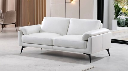 White Leather Sofa with Black Legs in Modern Living Room