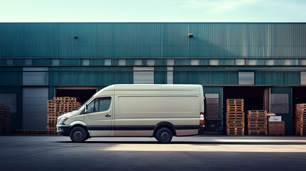 Fototapeta premium White delivery van beside a warehouse with stacked pallets